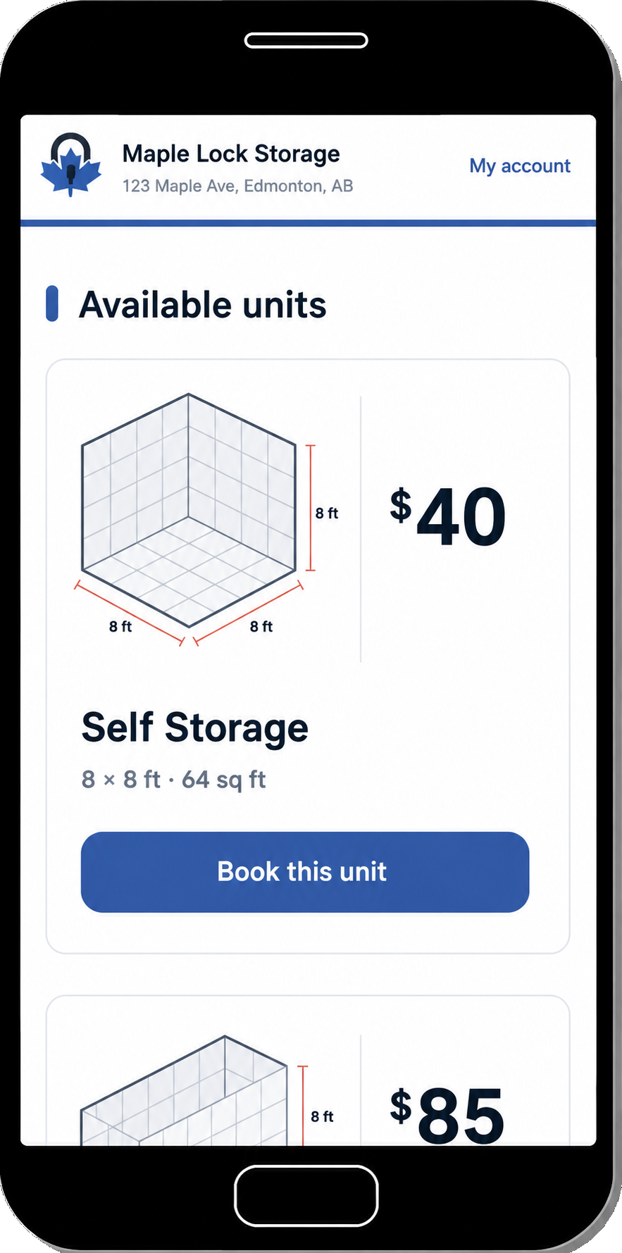 Full Stack Storage mobile rental preview for Maple Lock Storage, showing available units and monthly rates on a phone.